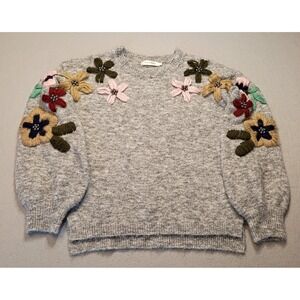 Vintage Simply‎ Couture Women's Large Sweater Gray Floral Wool Blend Beaded Yarn